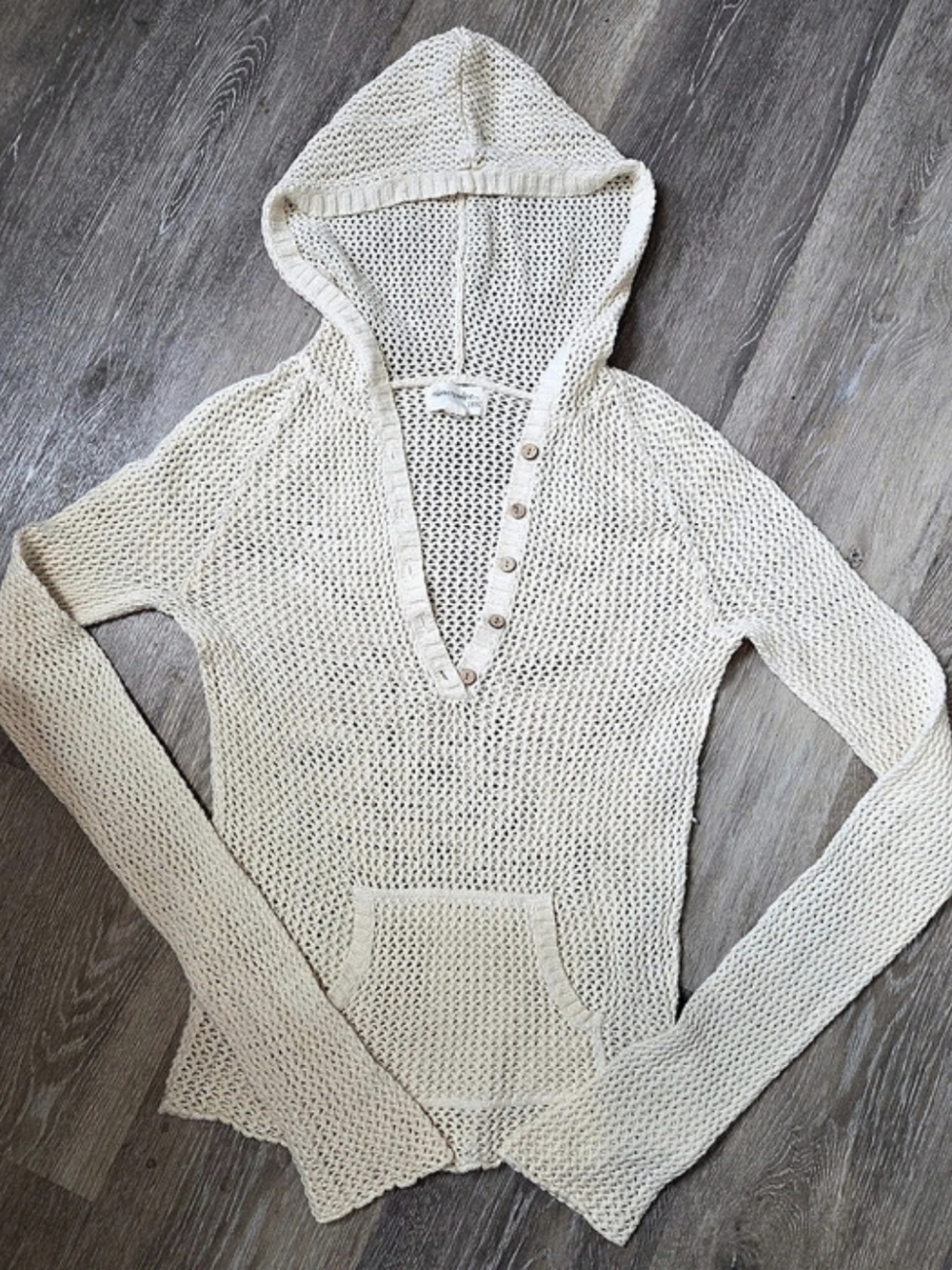 Abercrombie Slim Hooded Open Weave Knit V-Neck Hoodie Sweater Cream Size Large